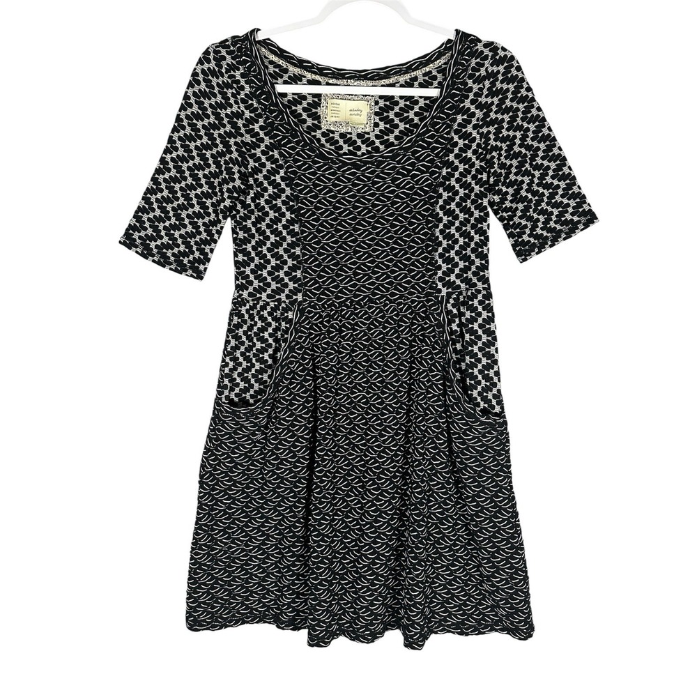 Saturday Sunday Anthropologie Sz XS Black Multi Print Textured Dress Geometric‎